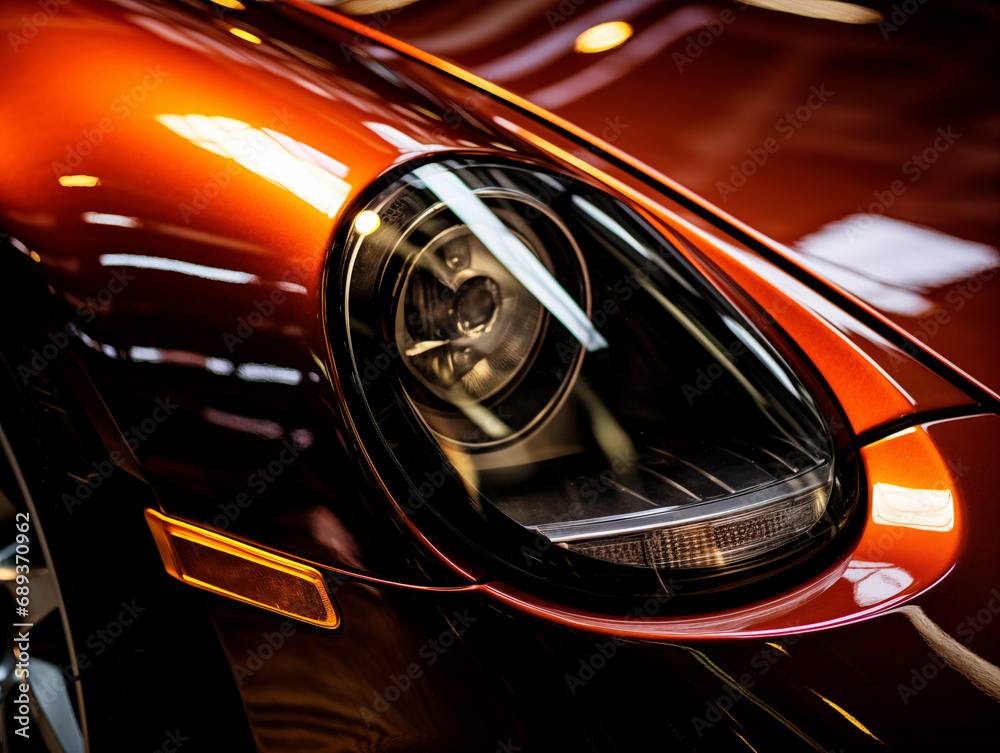 Close-Up View of the Headlights on a Striking Orange Car