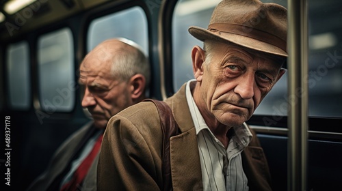 old men on a train and hats on their head