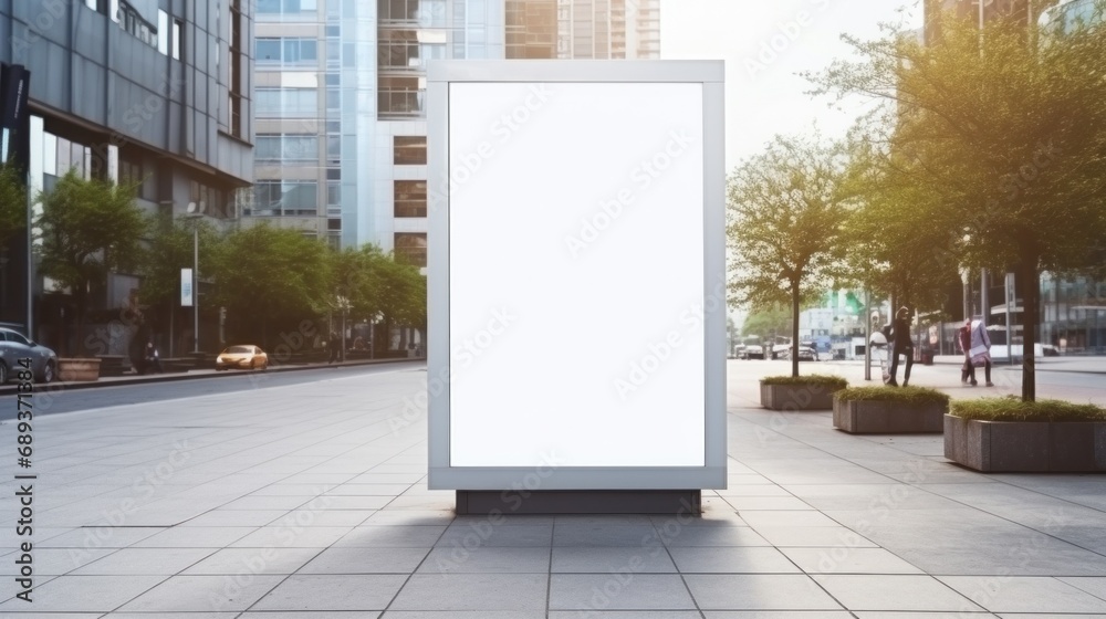 Outdoor advertising with blank front realistic on a mockup template in a spring street of big city Outdoor advertising with blank front realistic on a mockup template in a spring street of big city