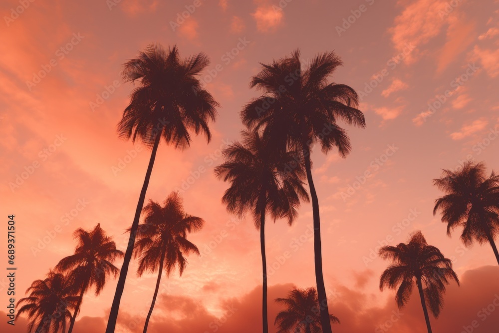 palm tree trees on the shore on a turquoise and pink beach background,