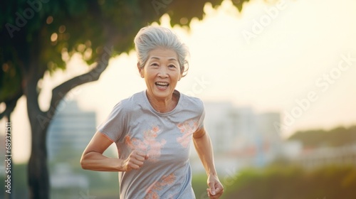 An older woman running in a city park. Generative AI.