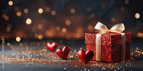 Gift, present, heart bokeh background. Valentine's day, 14 february theme. Love and romance. 