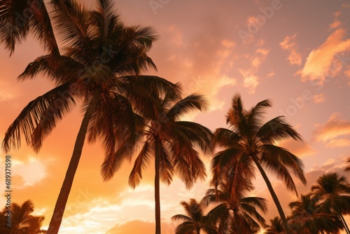 palm trees, sunset sky,