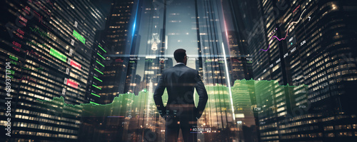 back of businessman in suit with business office glass modern buildings background for economic market stock investment, financial freedom portfolio or company profit and strategy growth IPO banner photo