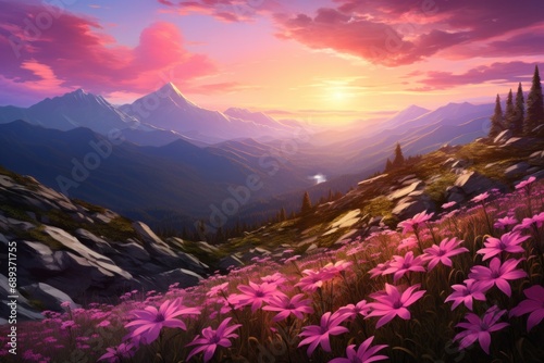 pink flowers at sunset near mountain peaks, © olegganko