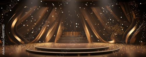 podium lit with golden lights on a black background,
