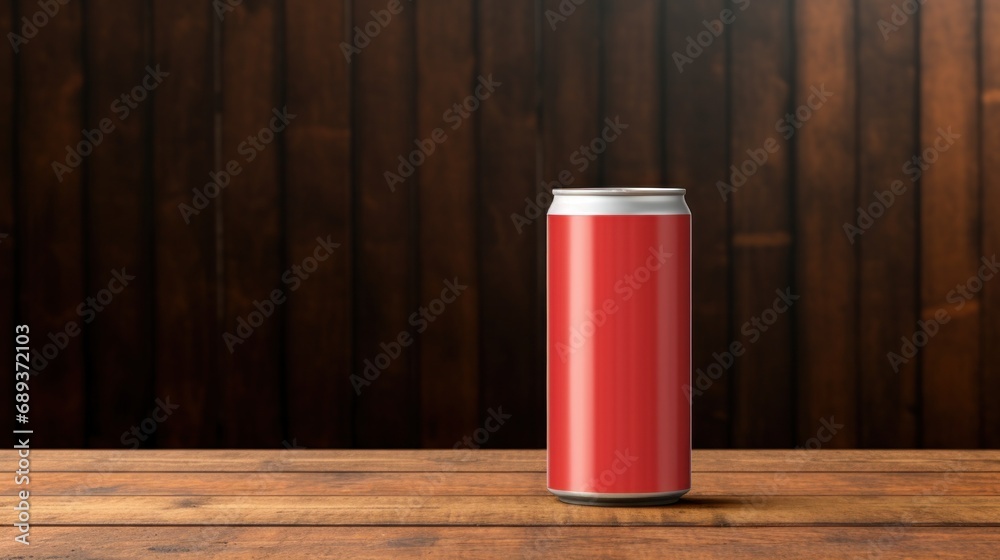 red beer can with blank front, realistic on a mockup template in a wooden table in a irish pub red beer can with blank front, realistic on a mockup template in a wooden table in a irish pub