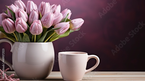 Cup Coffee Lilac White Tulip Flowers, Background Image, Desktop Wallpaper Backgrounds, HD