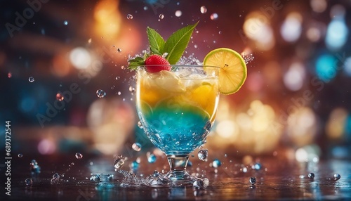 colorful tropical cocktail at the seaside  exploding ingredients  splashing and droplets   