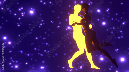 3d illustration. hugging people in astral space. sun and night