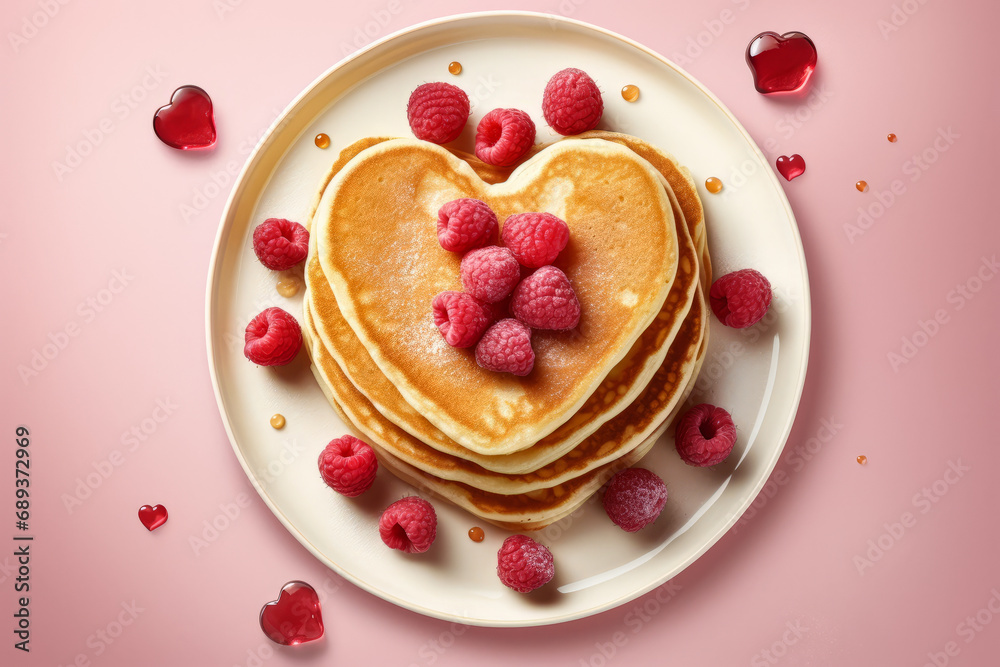 Heart shaped pancakes with raspberries, close up. St. Valentine's Day background. Heart shaped pancakes with raspberries, close up. St. Valentine's Day background.