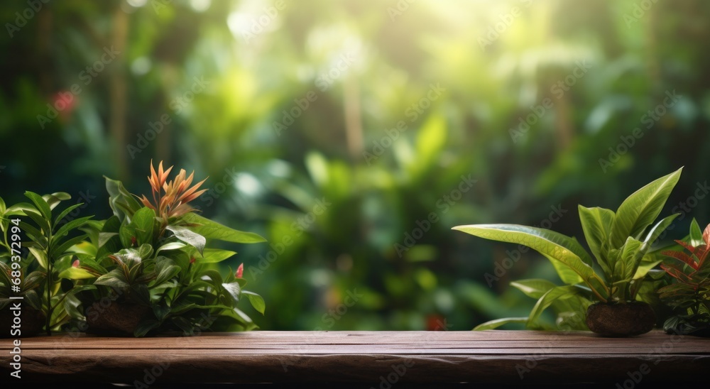 tabletop in a lush tropical background with plants on top,