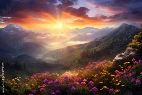 sunrise over a mountain with flowers,
