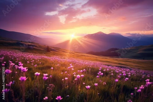 sunset on grassy hills with pink flowers in the foreground,