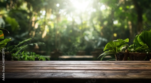 tabletop in a lush tropical background with plants on top,