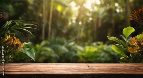 tabletop in a lush tropical background with plants on top,