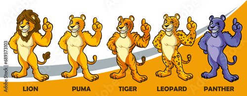 lions tiger puma leopard panther cartoon mascot set with good hand and pointing finger © mollicart