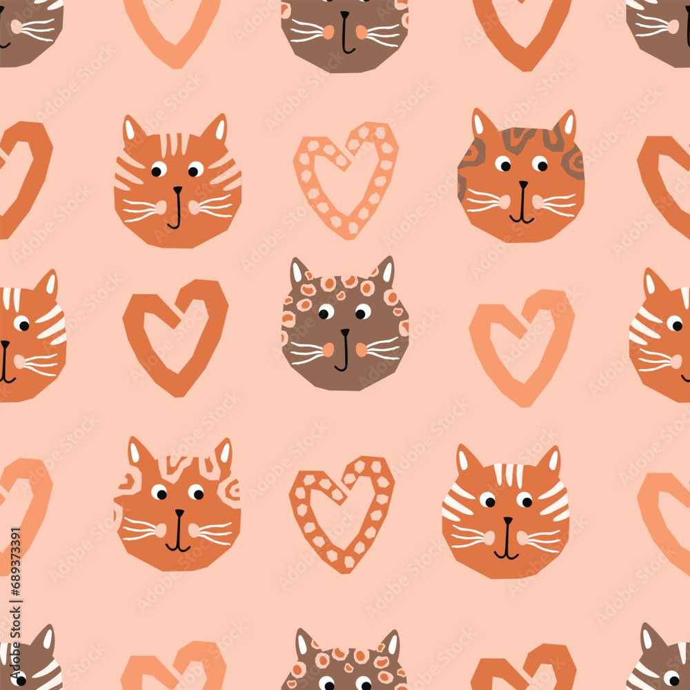 Funny cartoon seamless pattern with cat heads and hearts.Animal background with cute characters.Hand drawn print on fabric and paper.Vector artwork with pets for cover,template,brochure.
