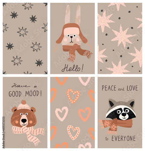 Hand drawn collection of cards with forest animals and seamless patterns with stars and hearts.Cute funny characters and  lettering.Cartoon hare, bear and raccoon in warm scarves.Vector illustration.