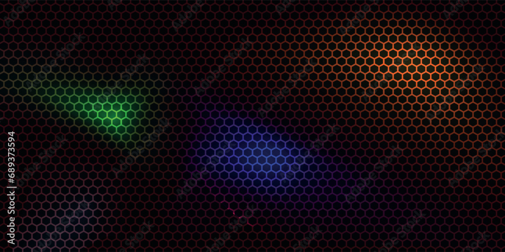 Dark grey abstract wide horizontal banner with hexagon carbon fiber grid and orange luminous lines. Dark grey abstract wide horizontal banner with hexagon carbon fiber grid and orange luminous lines.