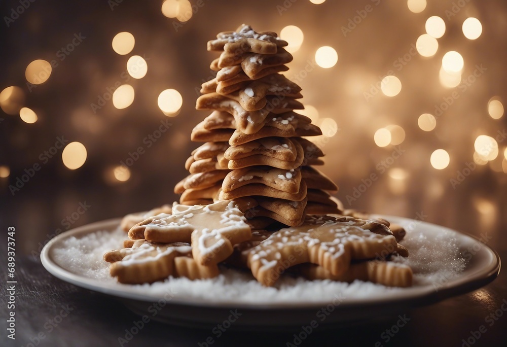Christmas tree made of cookies with blurred lights in background
