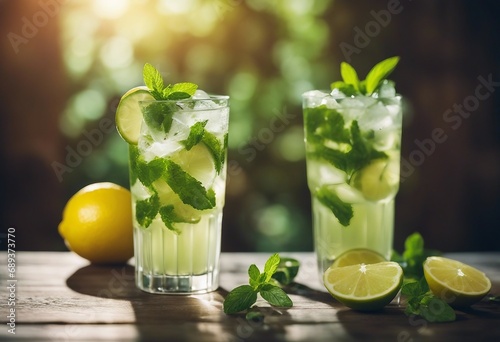 Two cold refreshing summer lemonade mojito cocktails with lime in glasses