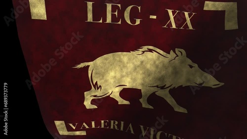 The Roman Legion Vexillum - LEG XX VALERIA VICTRIX - Red flag animation on a black background photo