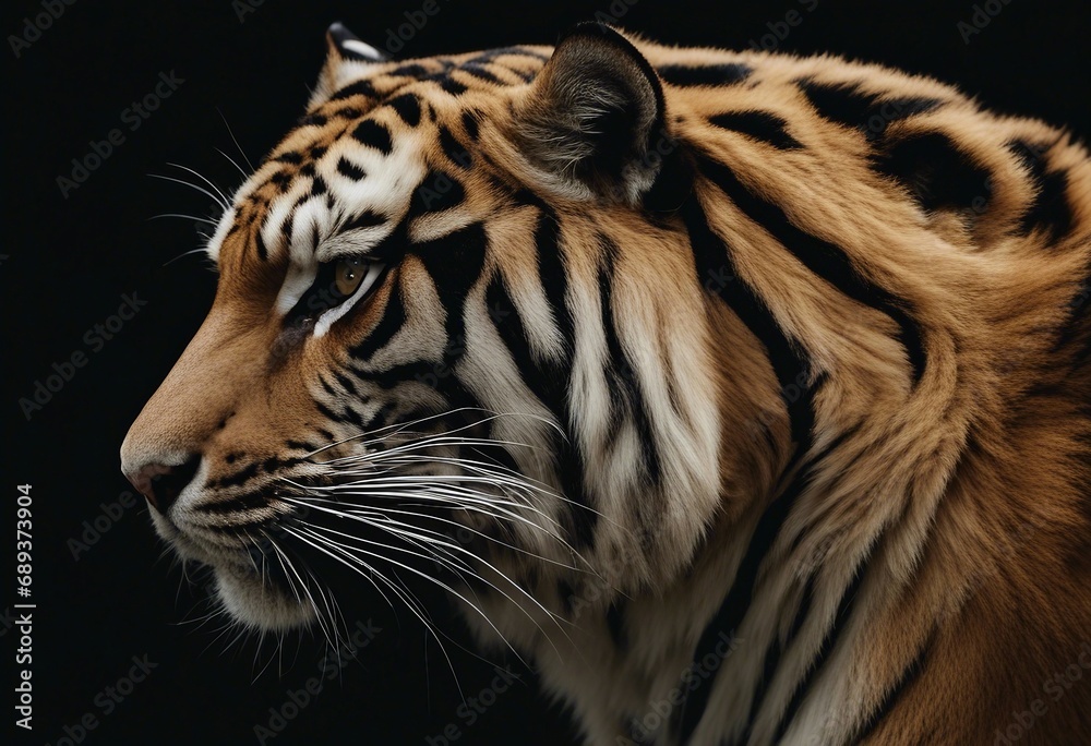 Obraz premium Head profile closeup of striped tiger isolated on black background