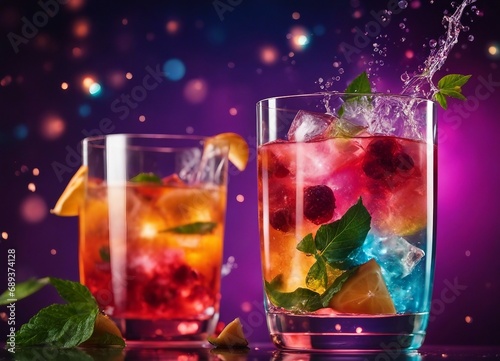 colorful tropical cocktail at the seaside, exploding ingredients, splashing and droplets 

