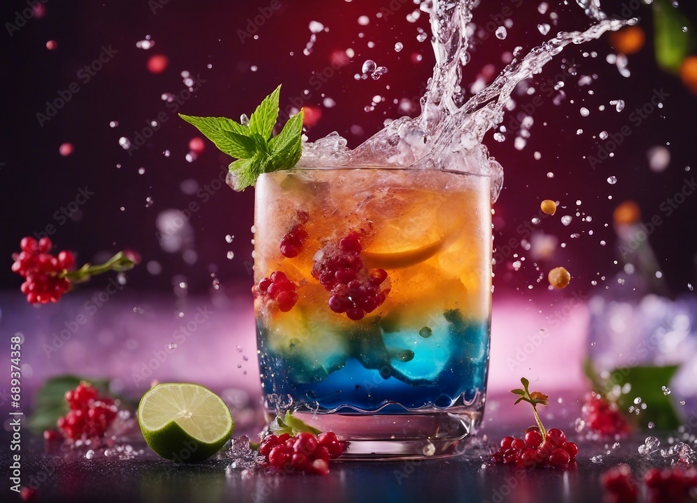 colorful tropical cocktail, exploding ingredients colorful tropical cocktail, exploding ingredients