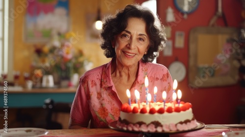 Latin elderly woman celebrating her birthday with cake and candles