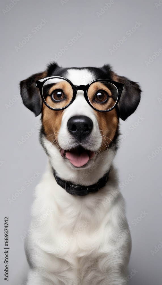 White dog with black ears with glasses on gray background