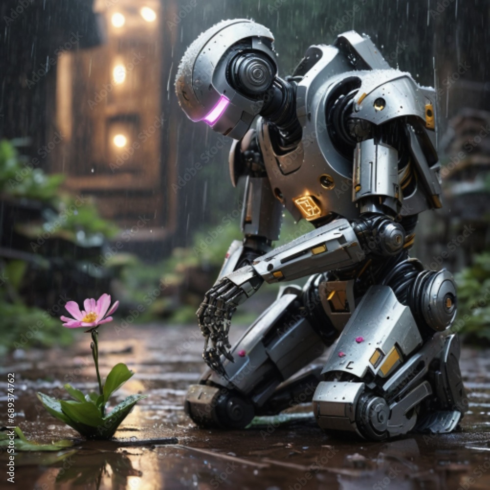 the robot bent over a flower the robot bent over a flower