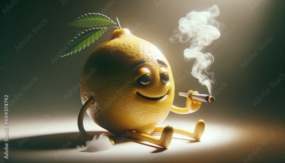 Lemon character relaxing with a pipe and smoke swirls - obrazy, fototapety, plakaty 