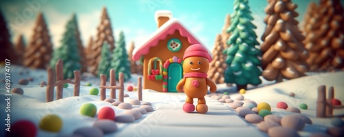 a gingerbread man happily walking with gingerbread house in winter season