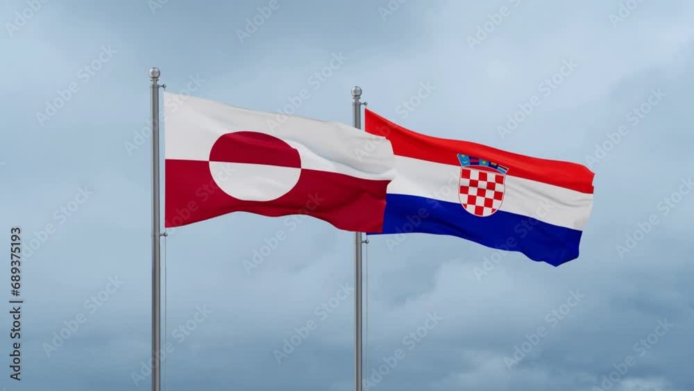 Croatia and Greenland flag waving together on cloudy sky, endless seamless loop, two country cooperation concept Croatia and Greenland flag waving together on cloudy sky, endless seamless loop, two country cooperation concept