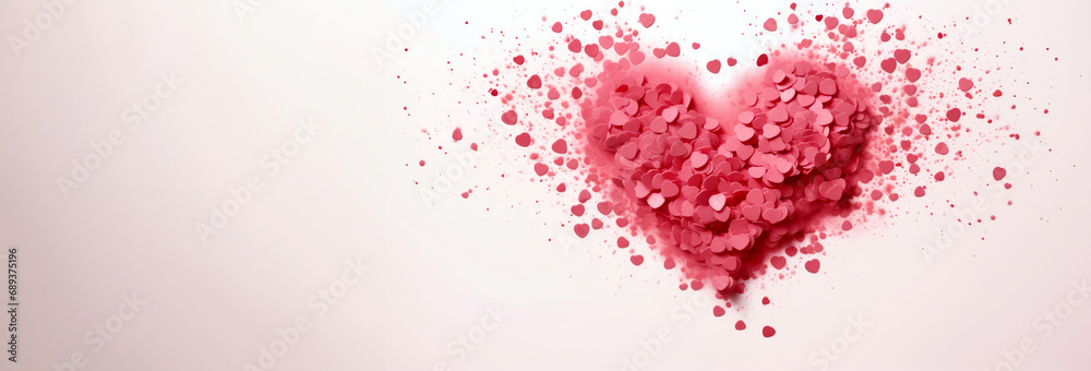 Heart confetti explosion on pink canvas. Valentine's day background. copy space