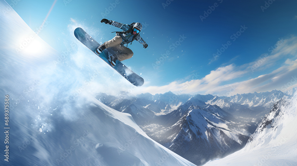Snowboarder executing a dynamic jump with majestic snow-capped mountains beneath, showcasing the thrill of the sport.