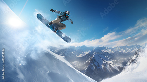 Snowboarder executing a dynamic jump with majestic snow-capped mountains beneath, showcasing the thrill of the sport.