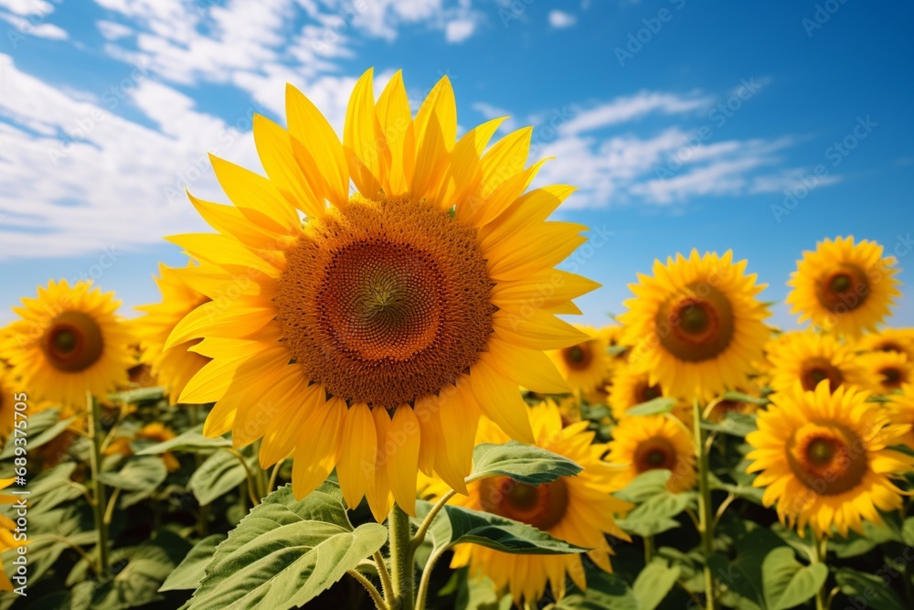A field of sunflowers turning their heads to follow the sun.