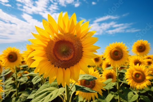 A field of sunflowers turning their heads to follow the sun.