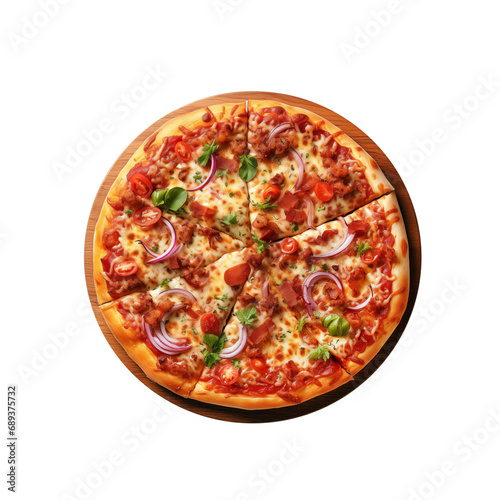Italian pizza on wooden pizza board isolated on transparent background, flat lay, top view shot. PNG file. © esvetleishaya