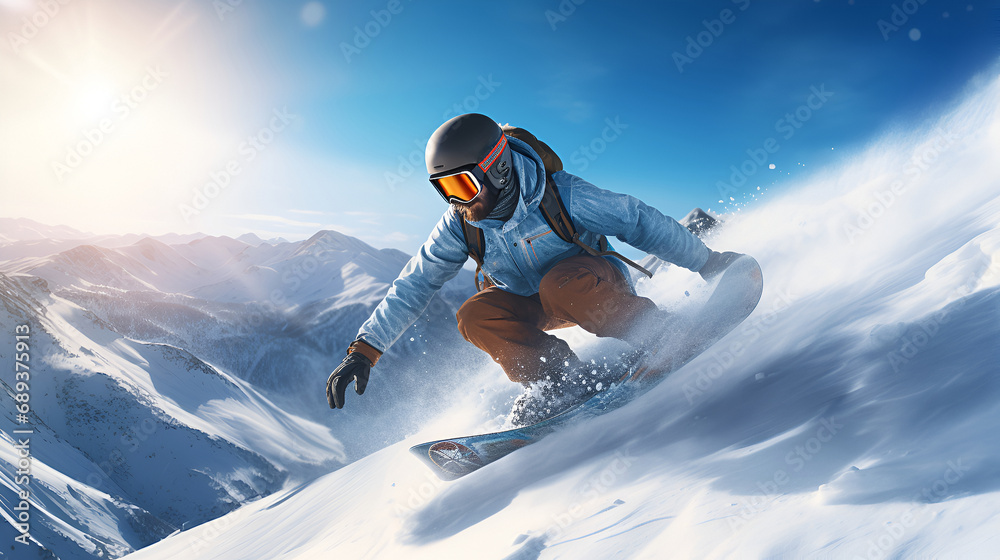 Dynamic snowboarder carving through fresh powder, the exhilaration palpable against a breathtaking alpine panorama.
