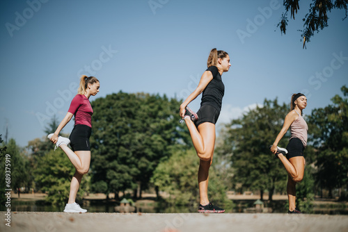 Fit Girls Enjoying Physical Activity and Training Outdoors in a Sunny City Park.