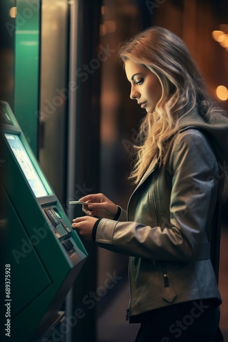 young woman inserting her credit card into the ATM