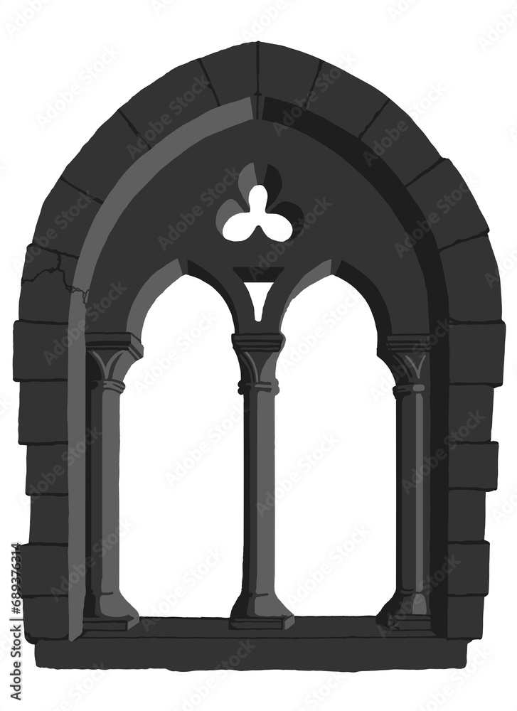 Gothic window plate tracery stylized drawing. Architectural stone engraving; european medieval cathedral/church frame illustration