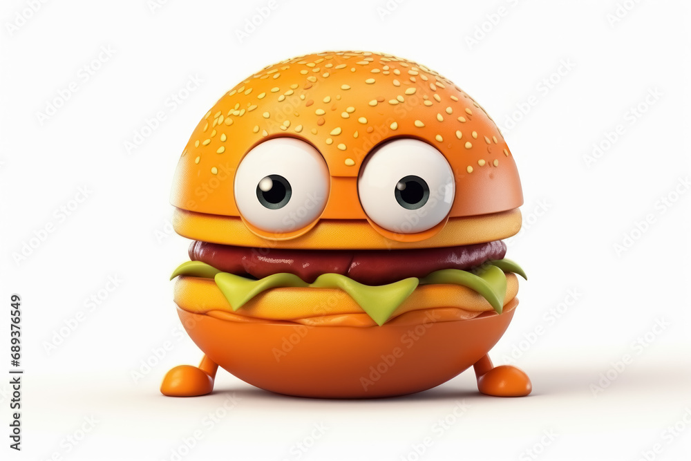 Cartoon hamburger with big eyes on kind expression, delicious fast food isolated on white background. Popular street fast food Cartoon hamburger with big eyes on kind expression, delicious fast food isolated on white background. Popular street fast food