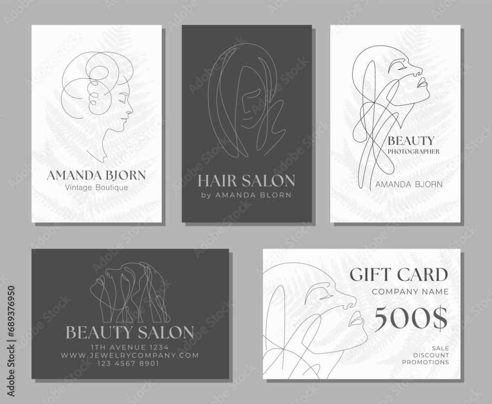 Woman Face Card Templates, Set of Line Art Illustrations. Female head Minimalist line design with abstract expressive lines