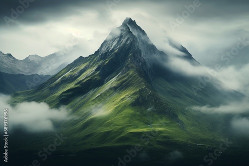 A mist-covered mountain peak, with the surrounding landscape hidden beneath a soft, ethereal veil of fog © Creative artist1