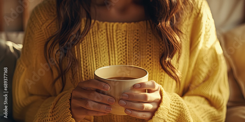 mujer sosteniendo una taza de café entre sus manos, sobre fondo de salón desenfocado photo